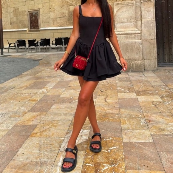 Zara Ruched Corset Dress Black Square Neck V-Waist Size L - Picture 7 of 15